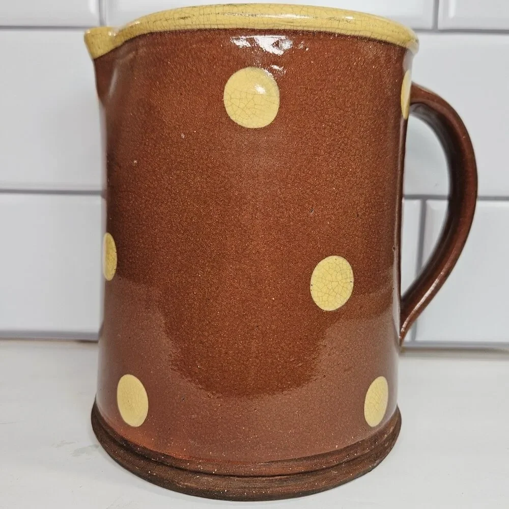 Antique Wisconsin ERIC ANDERSON RED Slip Ware Art Pottery Picher Jug Yellow Dot